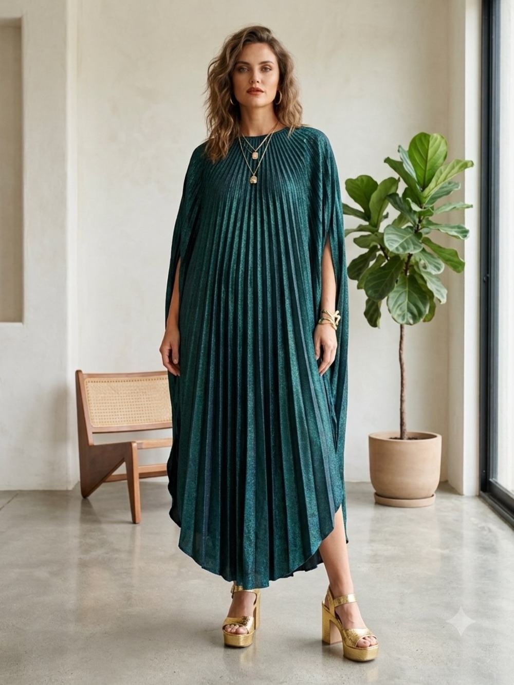 Vintage 70s Metallic Teal Blue Sunburst Plissé Kaftan - One Size